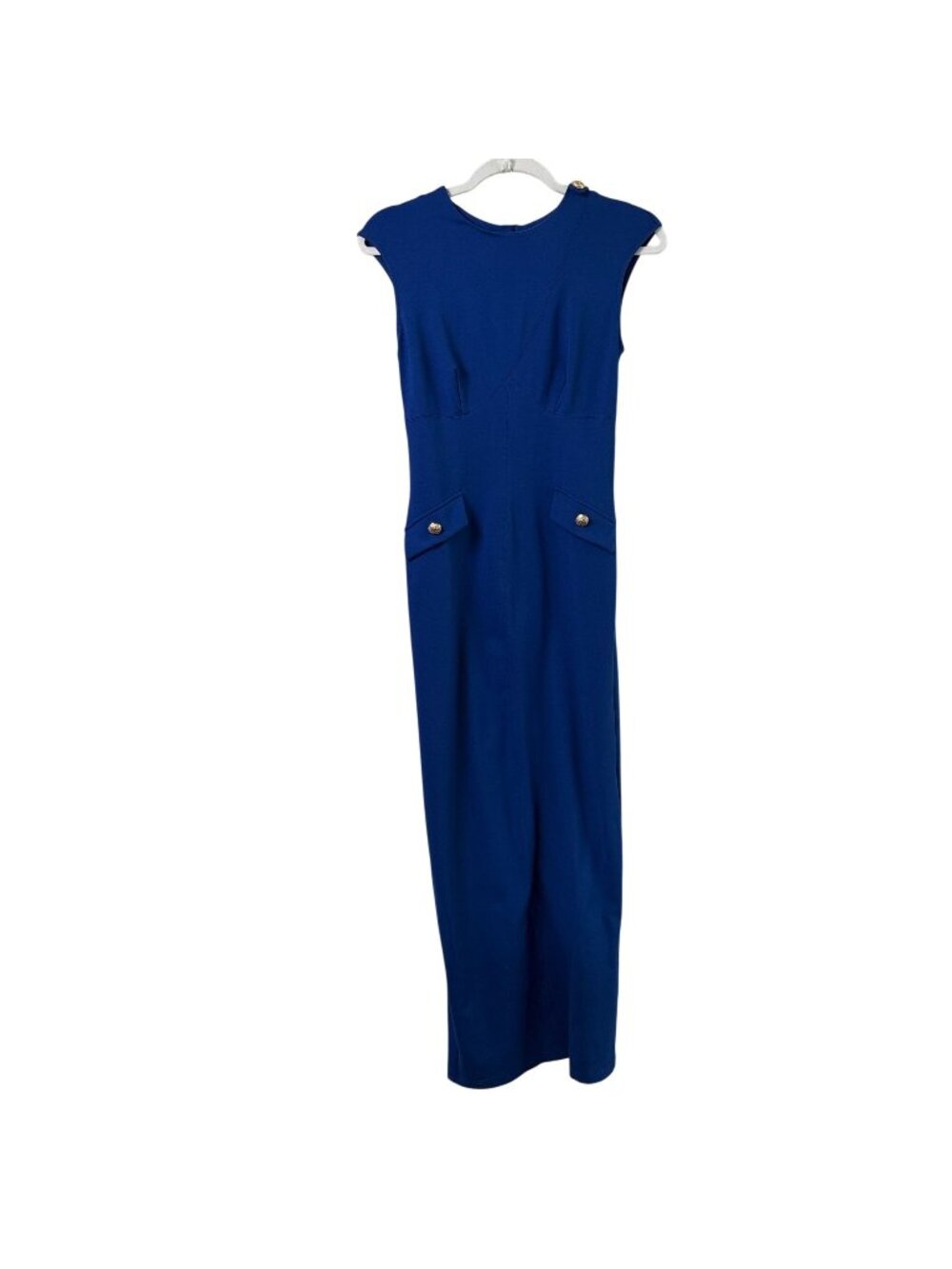 Karen Millen Ponte Structured Pencil Midi Dress Size S Cobalt Blue Gold Buttons